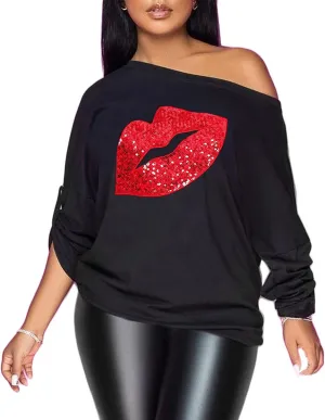 PESION Womens Off The Shoulder Tops Sexy Shiny Metallic Shirts Long Sleeves Fashion Graphic T-shirts Blouses