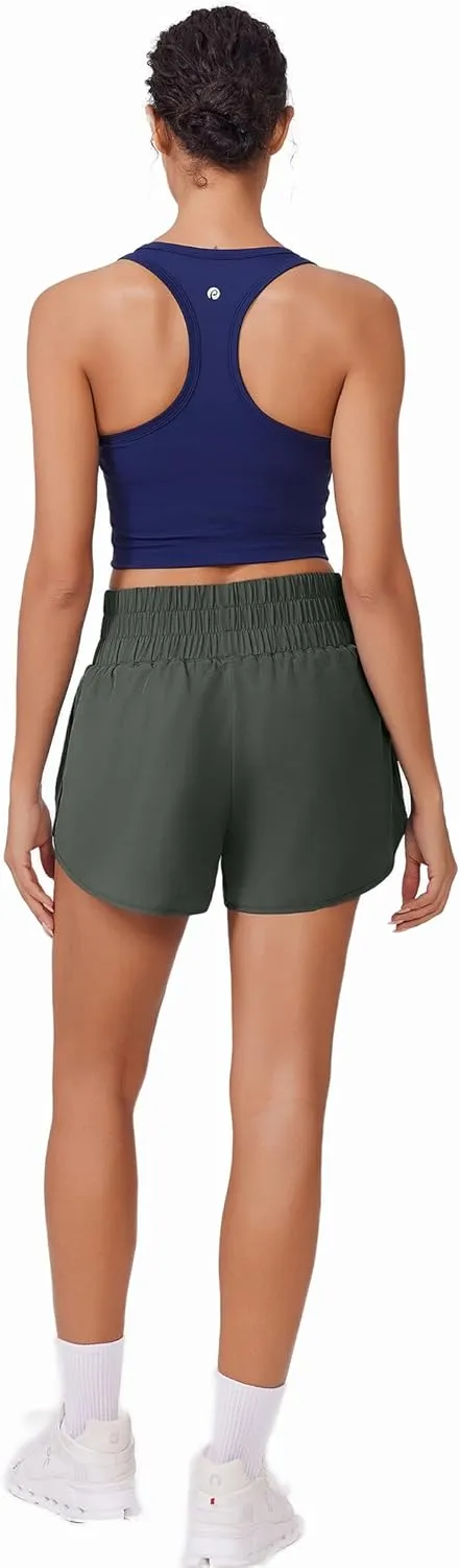PINSPARK Running Shorts for Women Quick Dry High Waisted Athletic Short 2 in 1 Workout Gym Shorts with Zipper Pockets