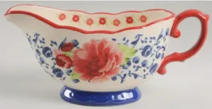 Pioneer Woman Frontier Rose Gravy Boat, Red and Blue Flower Pattern, Ceramic Sauce Pitcher with Handle