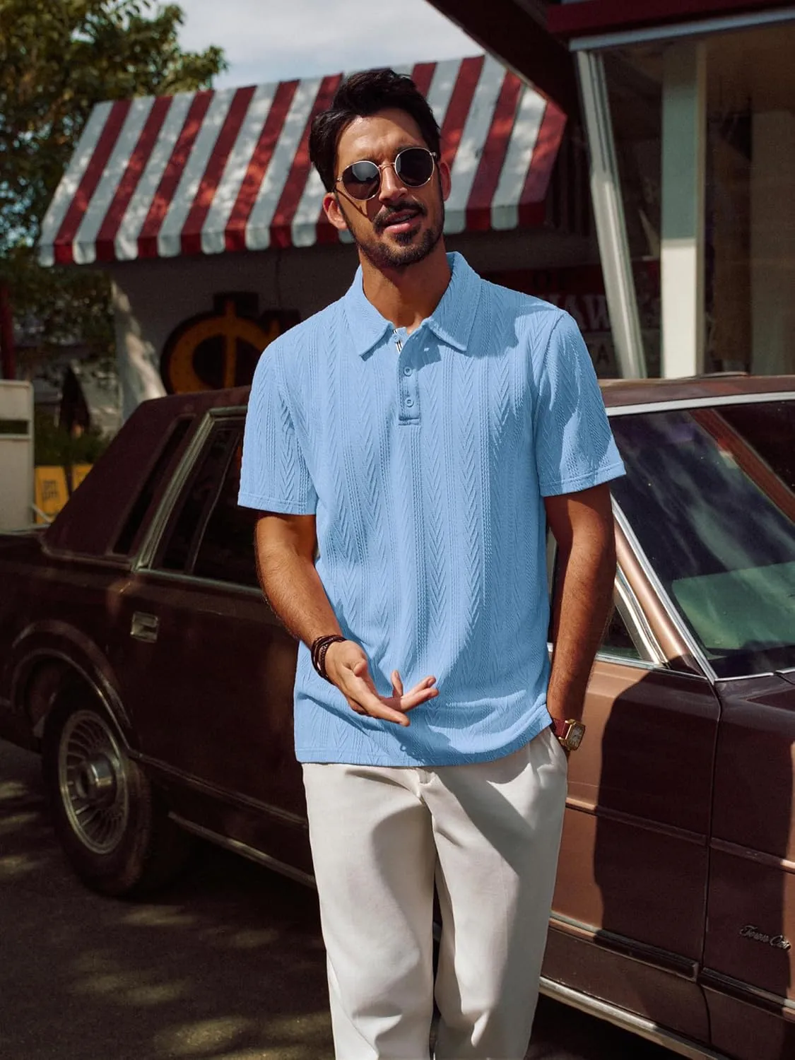 PJ PAUL JONES Men's Textured Knit Polo Shirt Short Sleeve Regular Fit Stretch Collared Summer Shirts