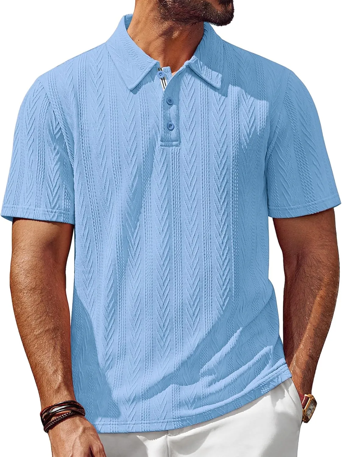 PJ PAUL JONES Men's Textured Knit Polo Shirt Short Sleeve Regular Fit Stretch Collared Summer Shirts