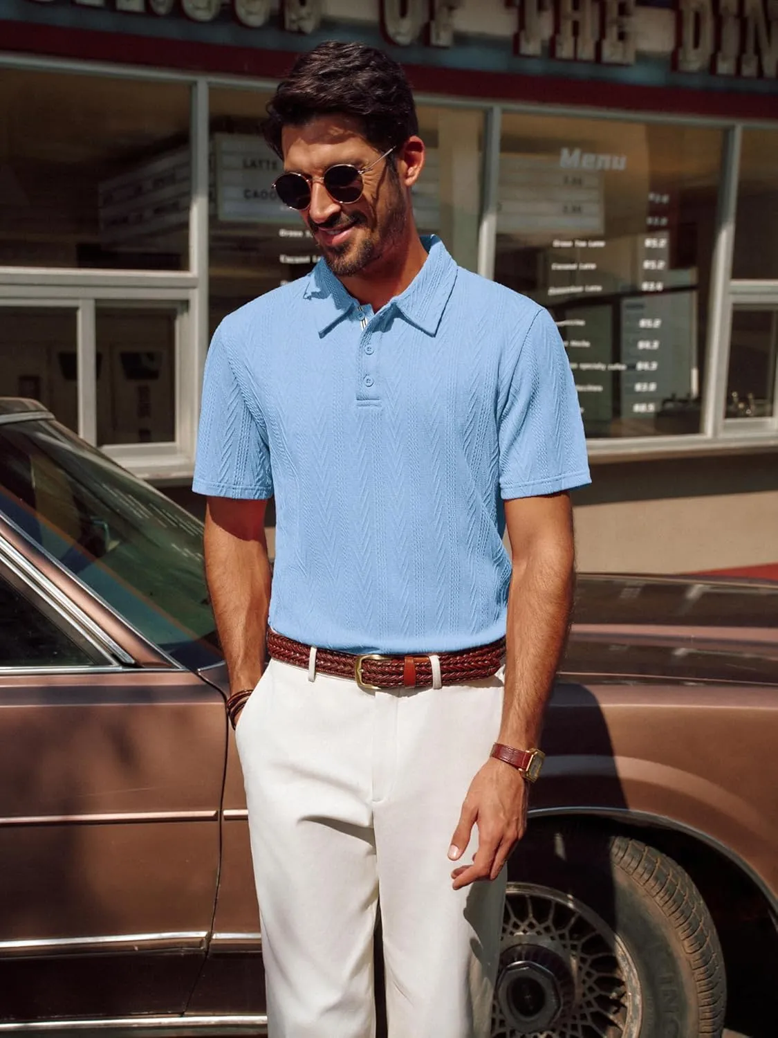 PJ PAUL JONES Men's Textured Knit Polo Shirt Short Sleeve Regular Fit Stretch Collared Summer Shirts