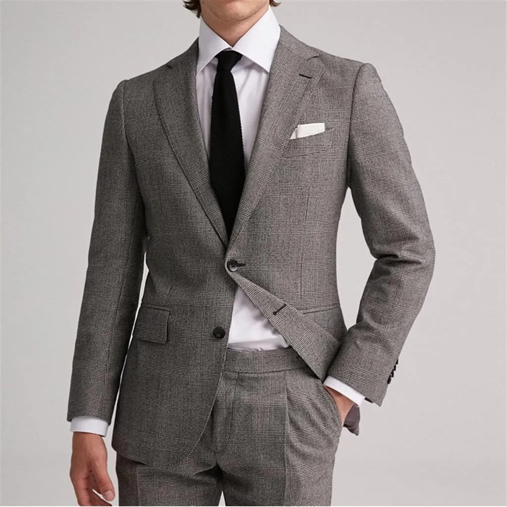 Plaid Men Suits Business Formal Gray Men's Suit Set Gentleman Casual Groom Wedding Blazers Suit Jackets