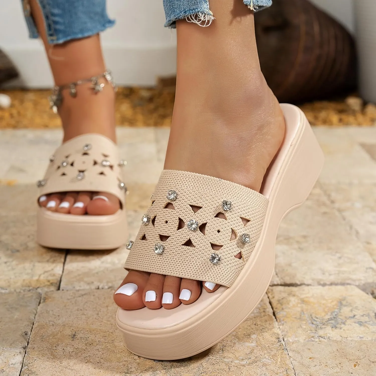 Platform Sandals Women Fasciitis Arch Support Cushion Slippers Comfortable Slip-On Open Toe Summer Sandals Casual Walking Slippers