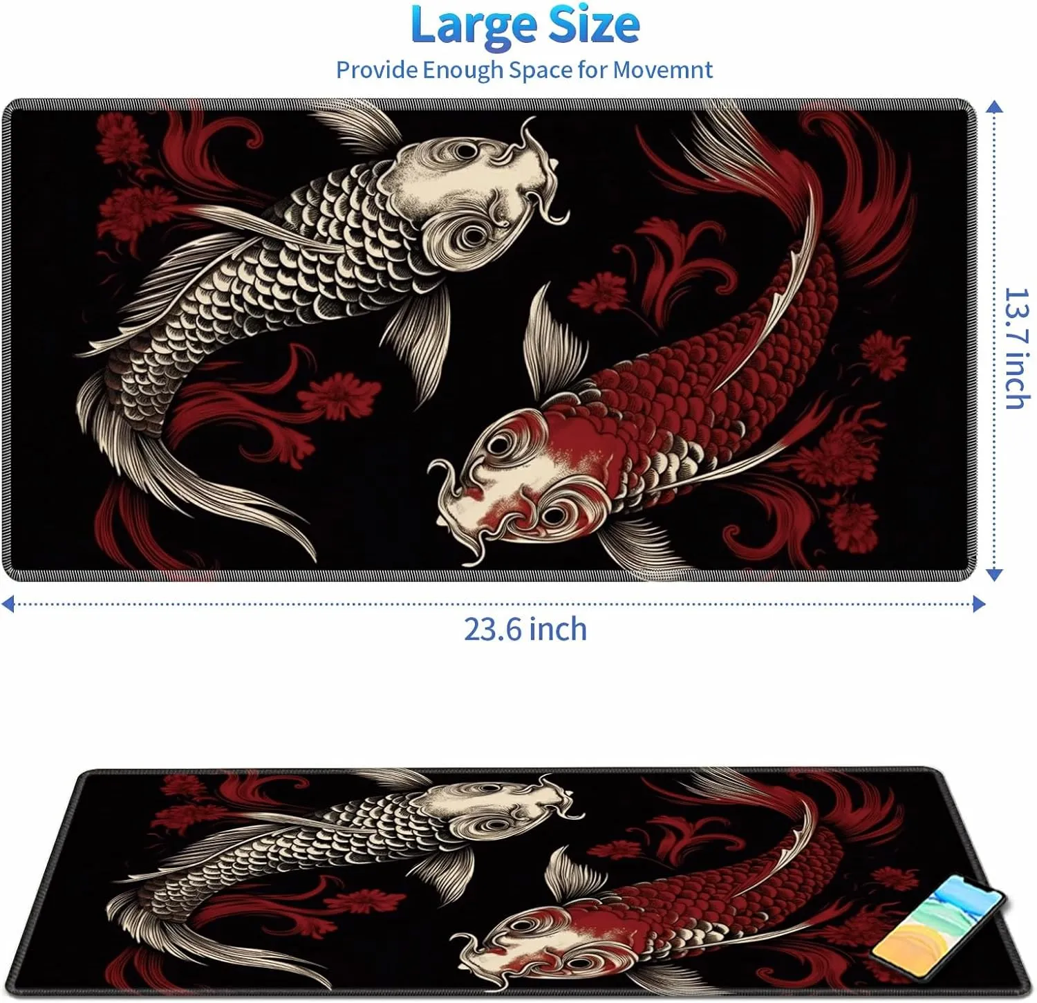 Playmat for MTG, 24 x 14 inches Game Play Mat for MTG TCG and Other Card Games, Trading Card Game Play Mat Desk Mats with Stitched Edges Non-Slip Base, Two Koi Fish