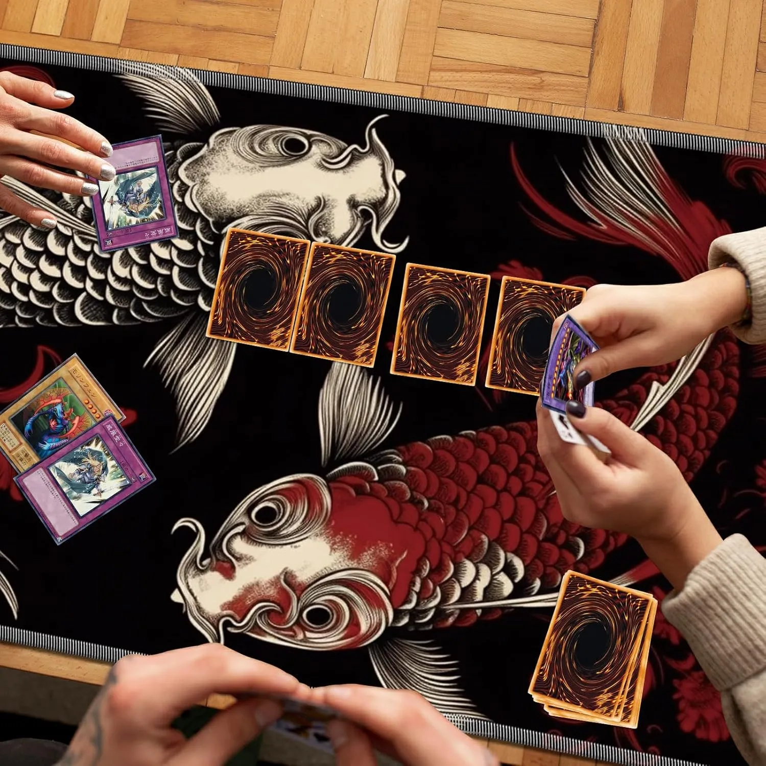 Playmat for MTG, 24 x 14 inches Game Play Mat for MTG TCG and Other Card Games, Trading Card Game Play Mat Desk Mats with Stitched Edges Non-Slip Base, Two Koi Fish