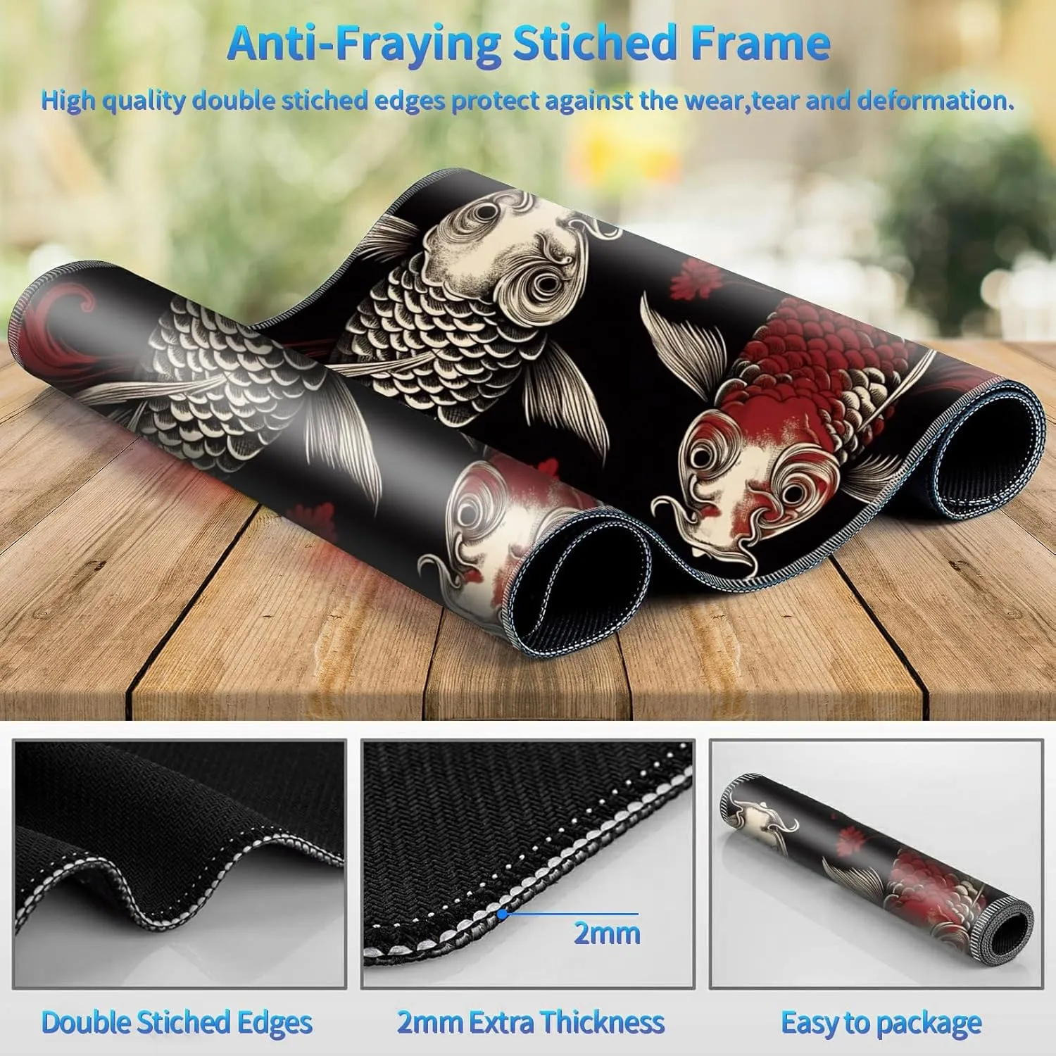 Playmat for MTG, 24 x 14 inches Game Play Mat for MTG TCG and Other Card Games, Trading Card Game Play Mat Desk Mats with Stitched Edges Non-Slip Base, Two Koi Fish