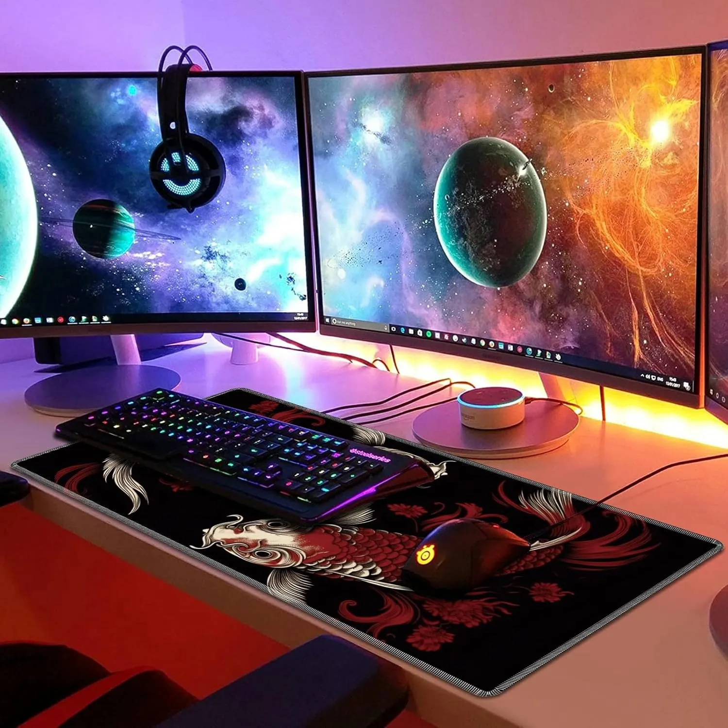 Playmat for MTG, 24 x 14 inches Game Play Mat for MTG TCG and Other Card Games, Trading Card Game Play Mat Desk Mats with Stitched Edges Non-Slip Base, Two Koi Fish