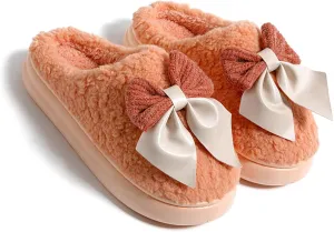 Plush Cute Bow Tie Slippers for Women Furry Comfy Non-Slip House Slippers Warm Funny Cozy Fluffy Kawaii Fuzzy Indoor