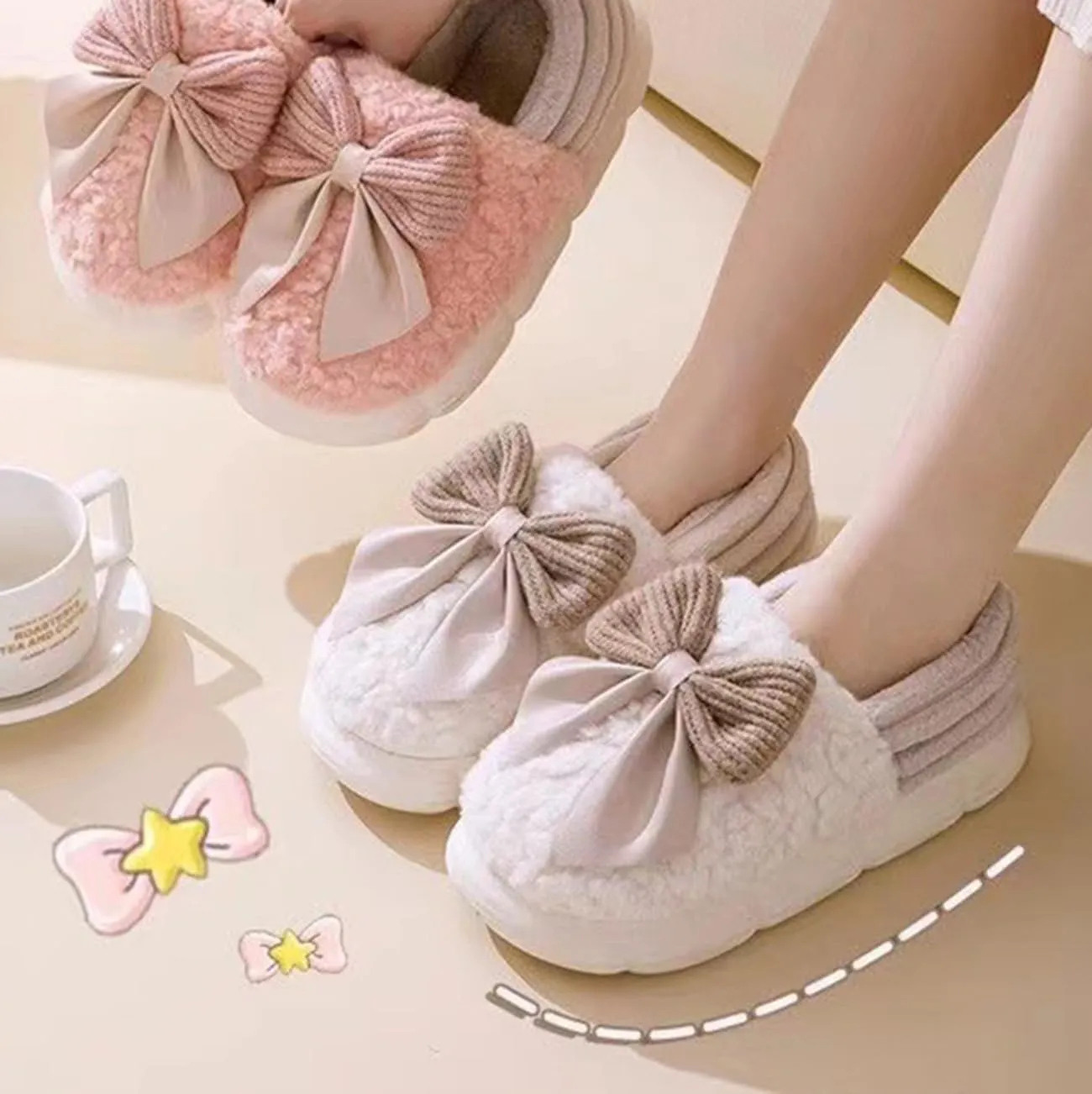 Plush Cute Bow Tie Slippers for Women Furry Comfy Non-Slip House Slippers Warm Funny Cozy Fluffy Kawaii Fuzzy Indoor