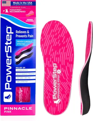 PowerStep Pinnacle Pink Orthotics for Women - Arch Support Inserts for Plantar Fasciitis Relief- Made in USA- Maximum Cushioning Arch Support, Deep Heel Cup for Pronation (W 9-9.5, M 7-7.5)