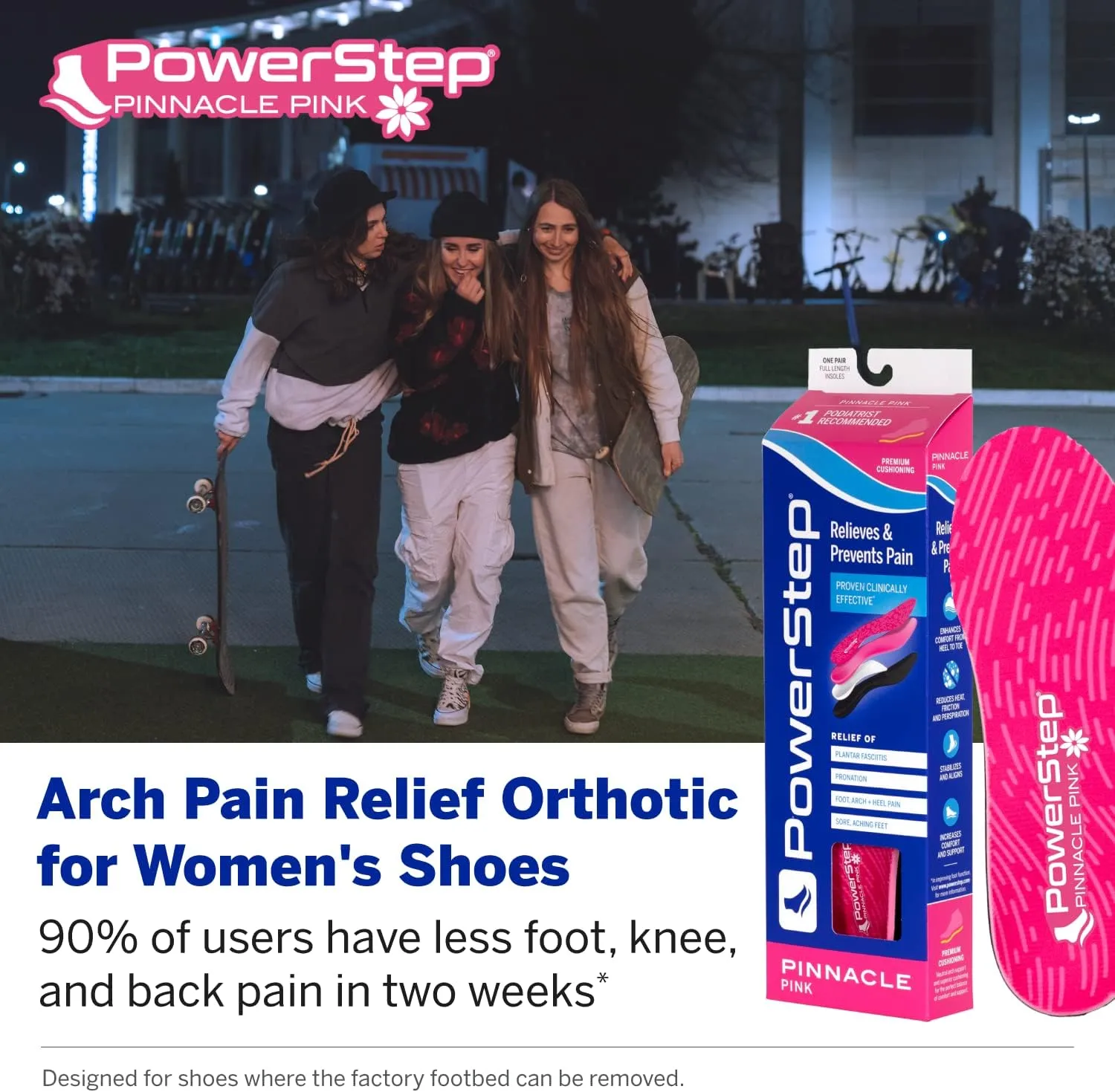 PowerStep Pinnacle Pink Orthotics for Women - Arch Support Inserts for Plantar Fasciitis Relief- Made in USA- Maximum Cushioning Arch Support, Deep Heel Cup for Pronation (W 9-9.5, M 7-7.5)