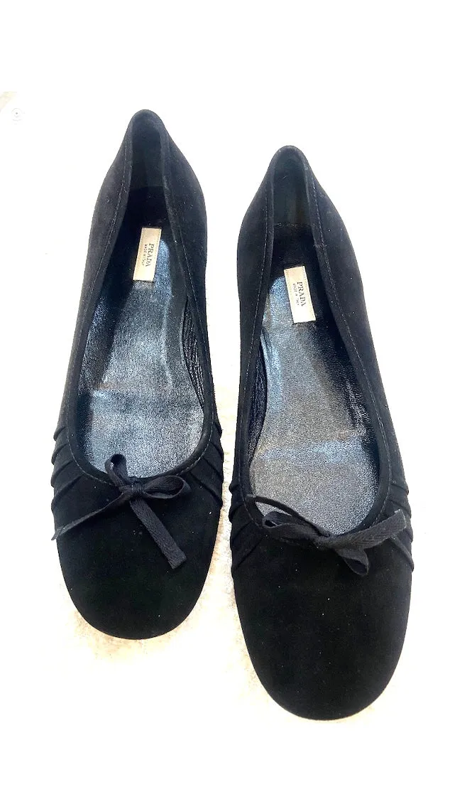PRADA RUCHED SUEDE RIBBON BOW BALLET FLATS
