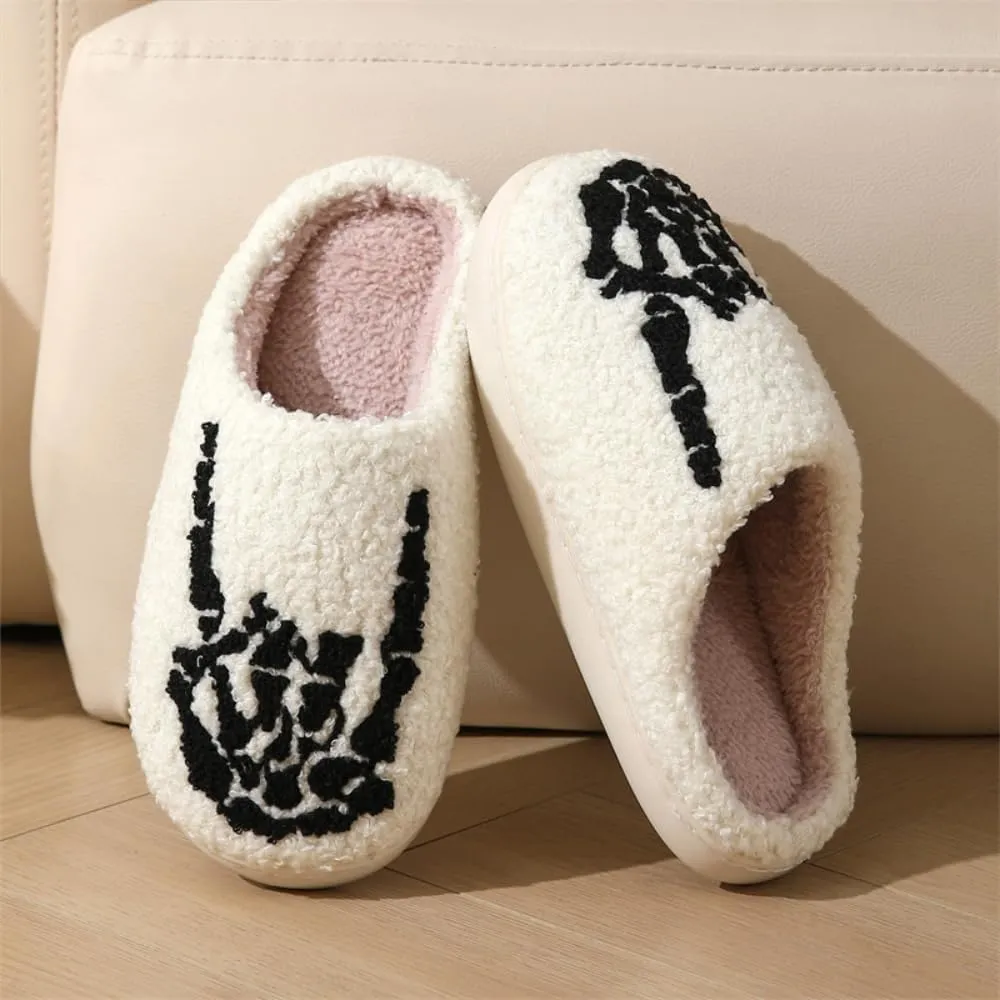 Premium Comfort Gothic Skulls Design Thermal Non Slip Women's Fuzzy House Slippers Indoor Soft Warm Shoes Cushion Sole