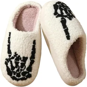 Premium Comfort Gothic Skulls Design Thermal Non Slip Women's Fuzzy House Slippers Indoor Soft Warm Shoes Cushion Sole