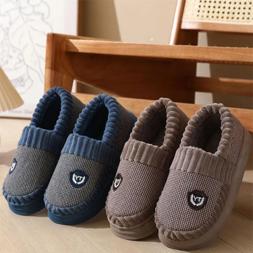Premium Comfort Houndstooth Thermal Closed Back Non Slip Men's Fuzzy House Slippers Inddor Soft Warm Furry Shoes
