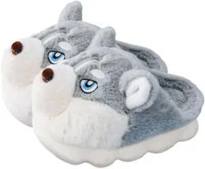 Premium Comfort Thermal Cute Siberian Husky Dog Non Slip Men's Fuzzy House Slippers Inddor Soft Warm Furry Shoes
