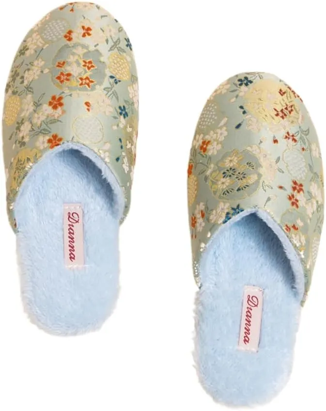 Premium Luxury Satin Silk Royal Embroidery All Seasons Comfort Women's House Slippers Furry Indoor Soft Home Slip On Shoes
