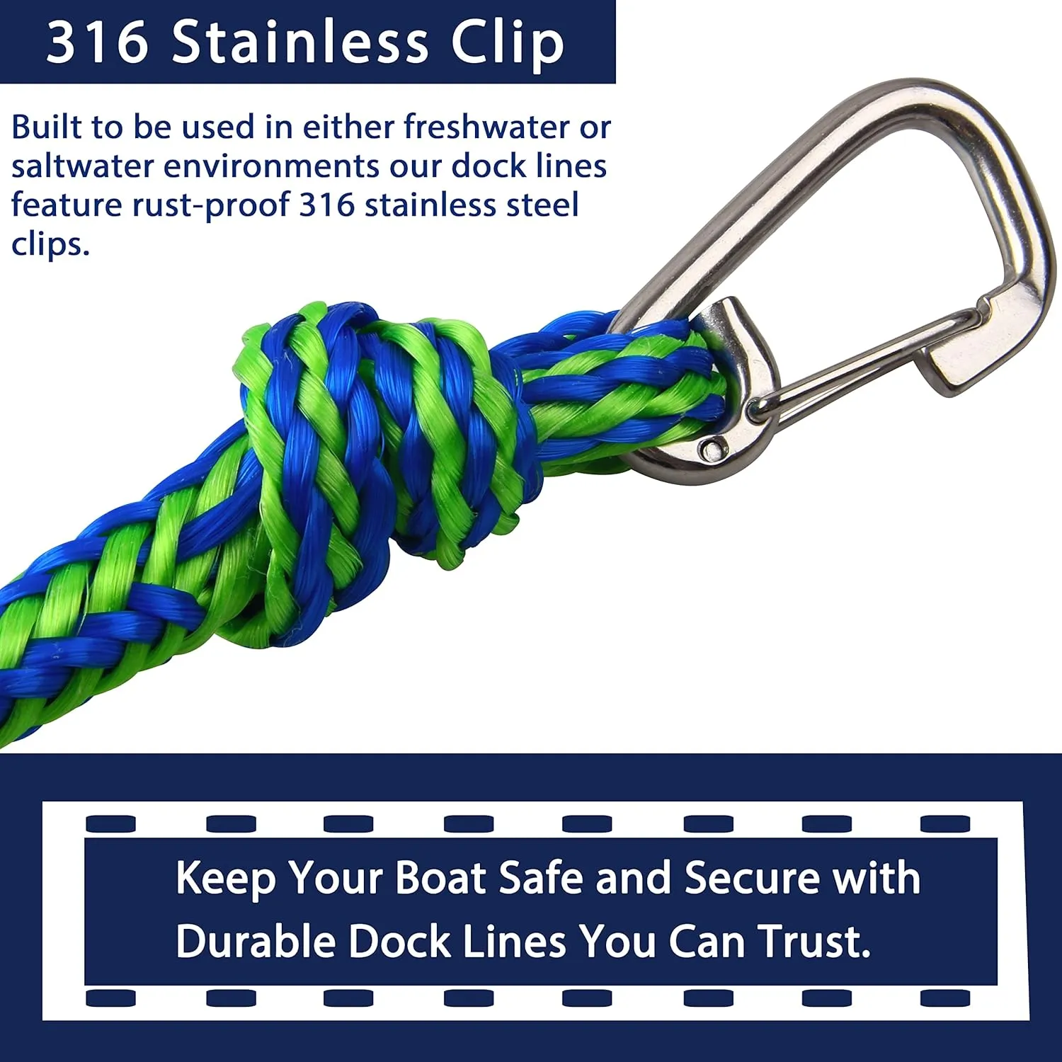 PWC Docking Lines Boat Rope Mooring, 7FT 10FT 14FT Dock Rope Jet Ski Mooring Rope Dock Tie Boat Accessories for Pontoon, Kayak Tow Rope with 316 Stainless Steel Clip