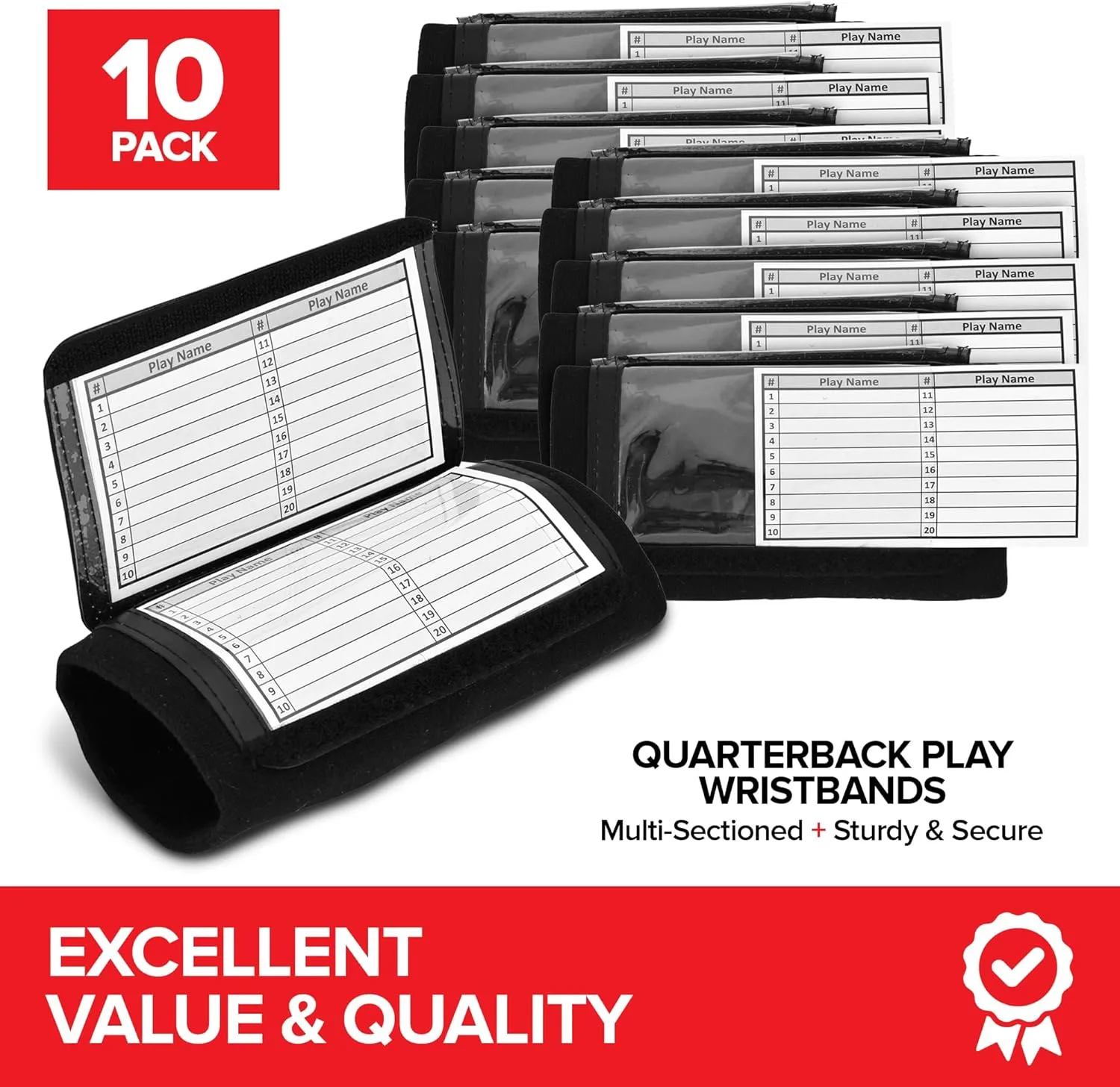 Quarterback Football Play Wristbands - (Black) Pro Football & Softball Armbands, Youth (QB) Wristband Playbook
