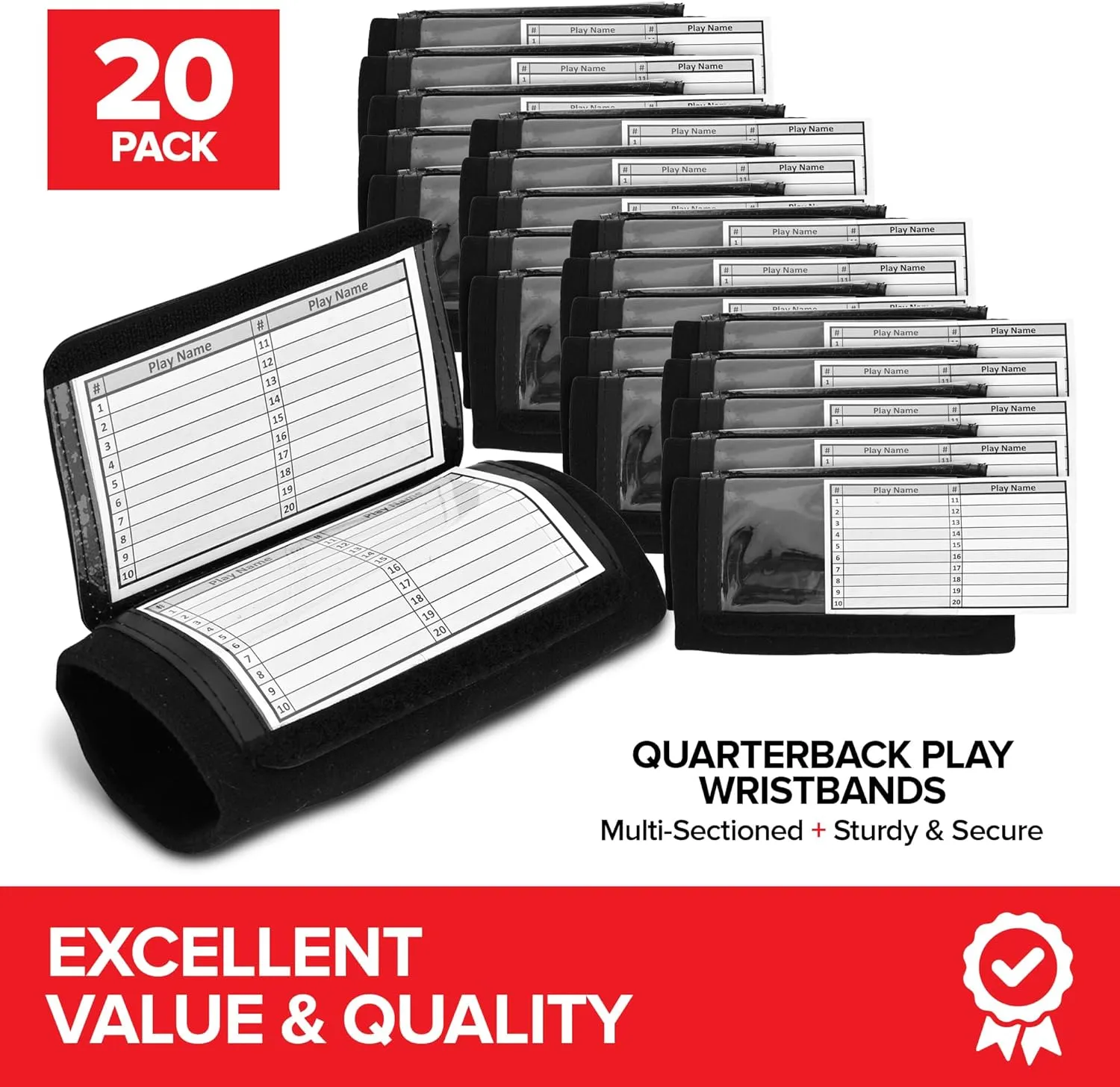 Quarterback Football Play Wristbands - (Black) Pro Football & Softball Armbands, Youth (QB) Wristband Playbook