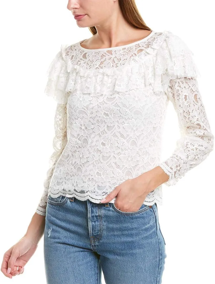 Rebecca Taylor Womens Lace Ruffled Blouse, White, 0