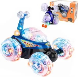 Rechargeable RC Tornado Stunt Car – 360° Flip Remote Control Turbo Twister Vehicle with Lights & Music | Double-Sided Spinning Car Toy for Toddlers Kids Boys Girls (Blue)