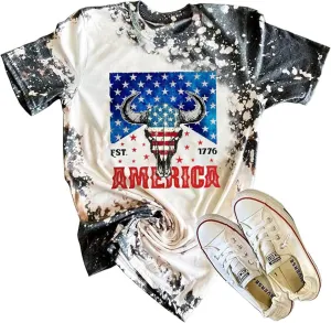 Retro Steer Skull Western T-Shirt Women Vintage Country Music Shirt Cute Cowgirl Graphic Cowboy Tees Tops