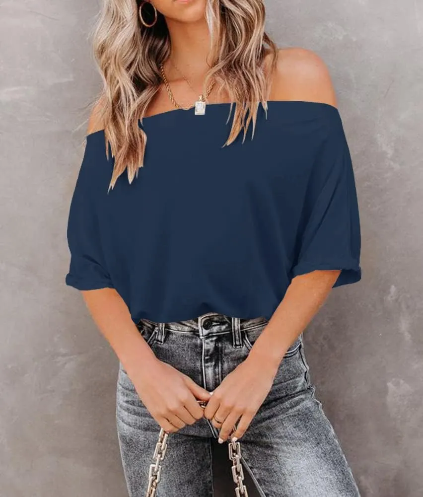 REVETRO Women's Off Shoulder Tops Casual Short Batwing Sleeve Summer Loose T Shirt Tunic Blouse…