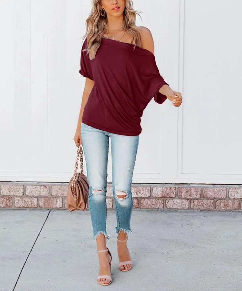 REVETRO Women's Off Shoulder Tops Casual Short Batwing Sleeve Summer Loose T Shirt Tunic Blouse…