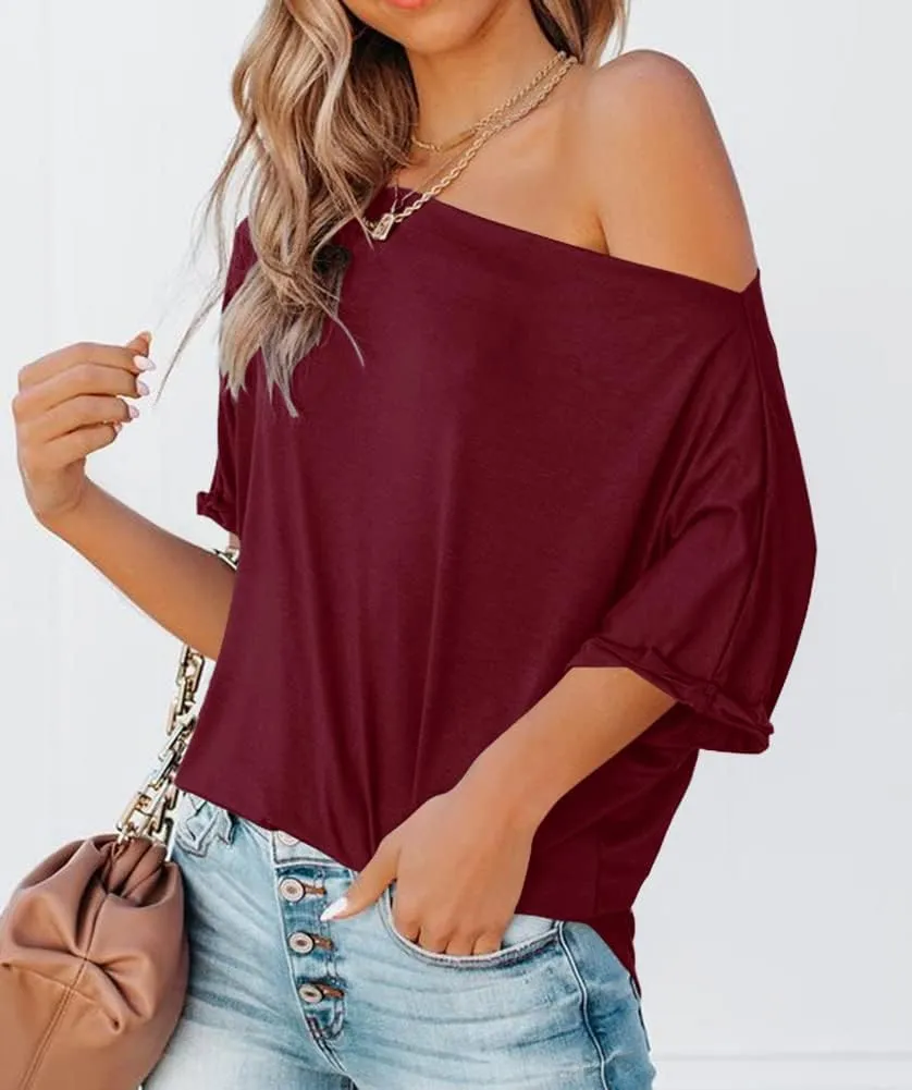 REVETRO Women's Off Shoulder Tops Casual Short Batwing Sleeve Summer Loose T Shirt Tunic Blouse…