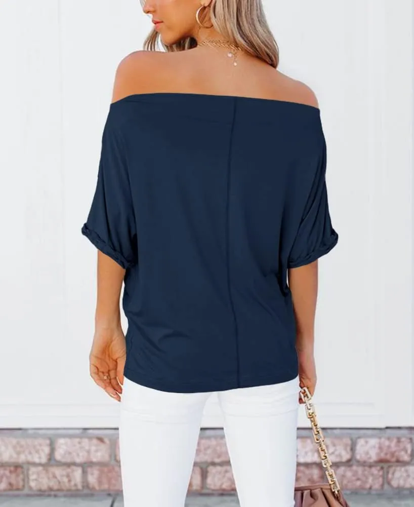 REVETRO Women's Off Shoulder Tops Casual Short Batwing Sleeve Summer Loose T Shirt Tunic Blouse…