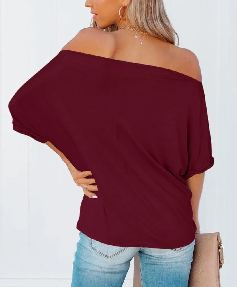 REVETRO Women's Off Shoulder Tops Casual Short Batwing Sleeve Summer Loose T Shirt Tunic Blouse…