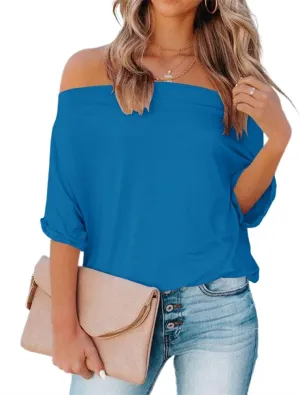 REVETRO Women's Off Shoulder Tops Casual Short Batwing Sleeve Summer Loose T Shirt Tunic Blouse…