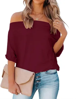 REVETRO Women's Off Shoulder Tops Casual Short Batwing Sleeve Summer Loose T Shirt Tunic Blouse…