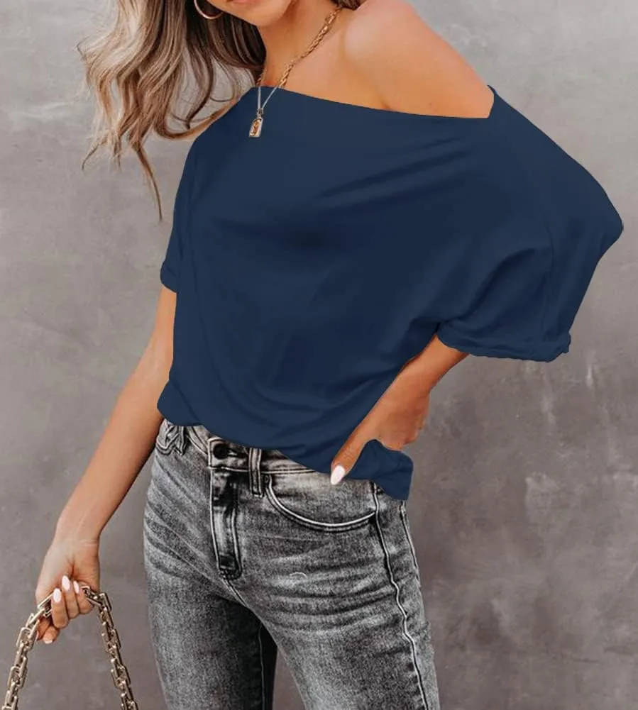 REVETRO Women's Off Shoulder Tops Casual Short Batwing Sleeve Summer Loose T Shirt Tunic Blouse…