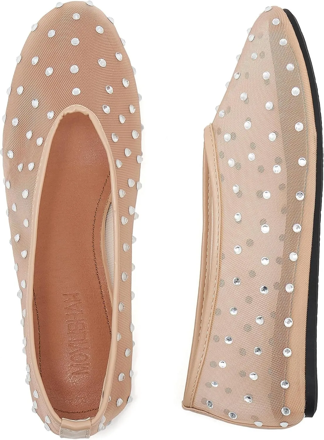 Rhinestone Ballet Flats for Women Crystal-Embellished Mesh Ballerina Shoes Comfortable Casual Dress Flat Shoe