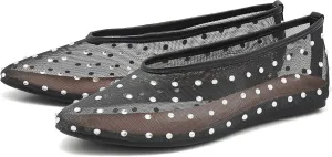 Rhinestone Ballet Flats for Women Crystal-Embellished Mesh Ballerina Shoes Comfortable Casual Dress Flat Shoe
