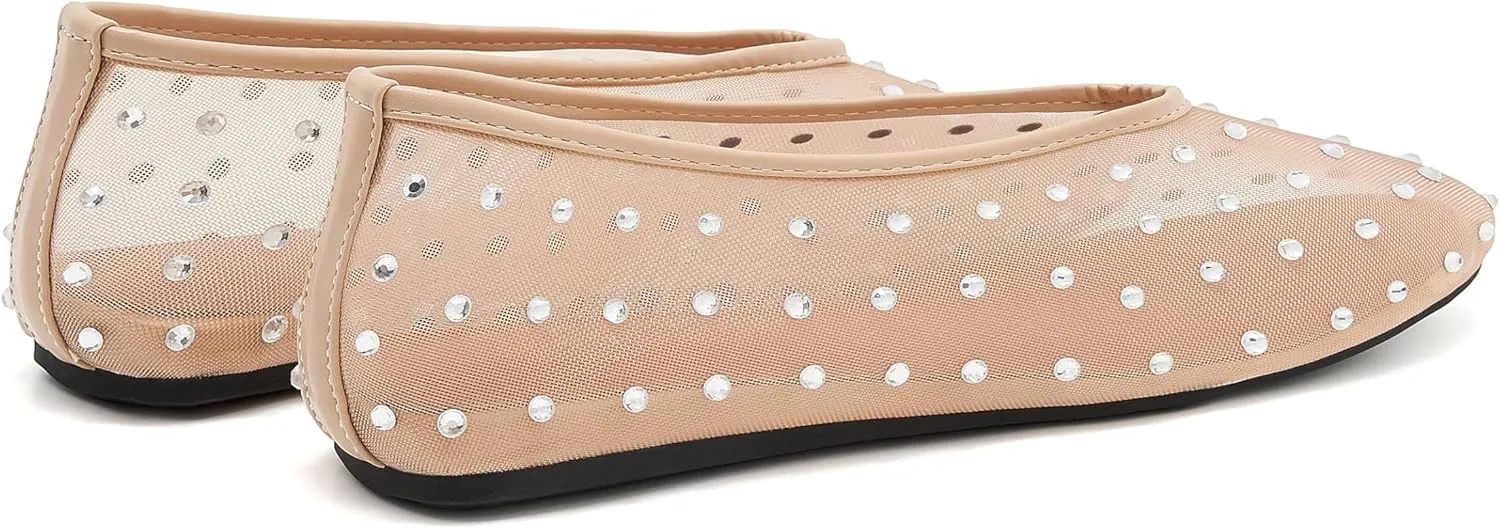 Rhinestone Ballet Flats for Women Crystal-Embellished Mesh Ballerina Shoes Comfortable Casual Dress Flat Shoe