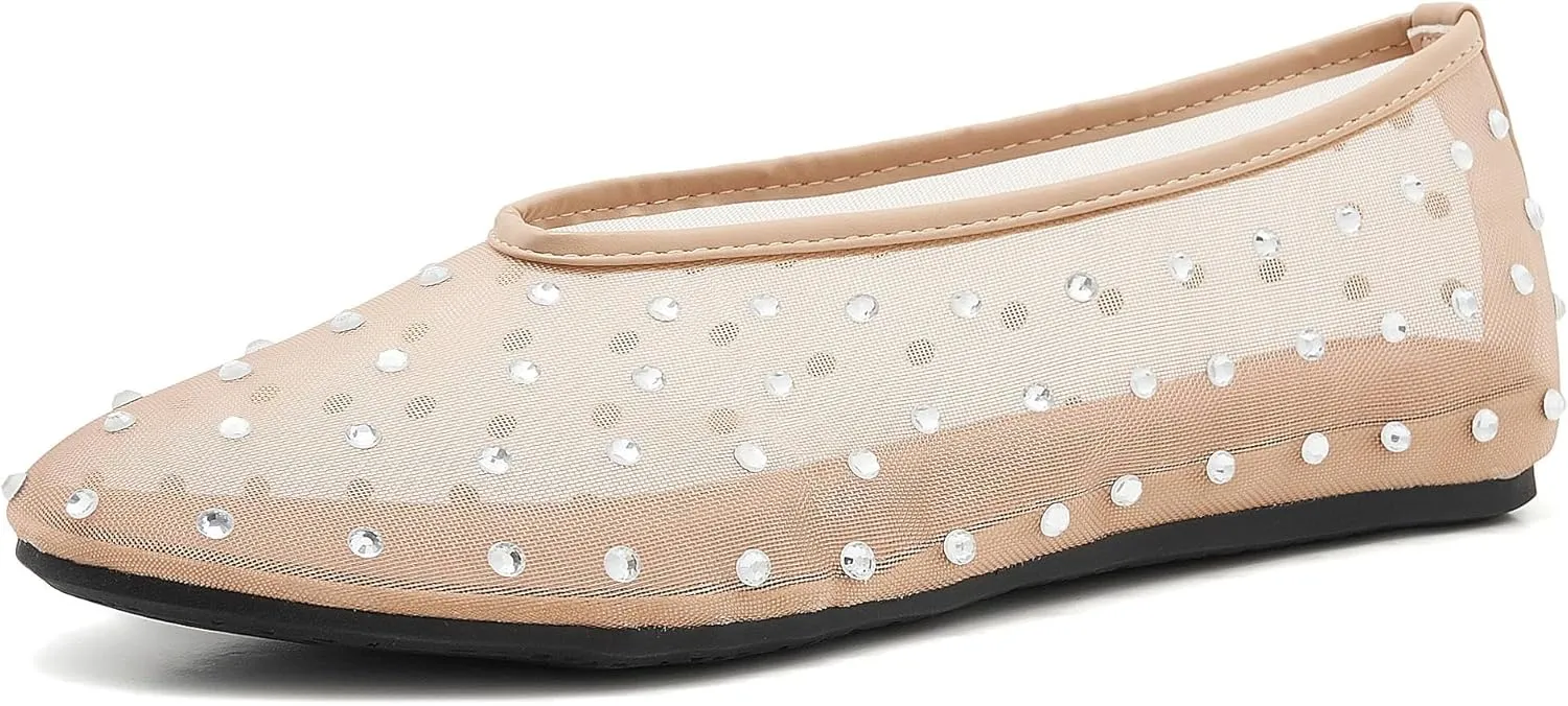 Rhinestone Ballet Flats for Women Crystal-Embellished Mesh Ballerina Shoes Comfortable Casual Dress Flat Shoe