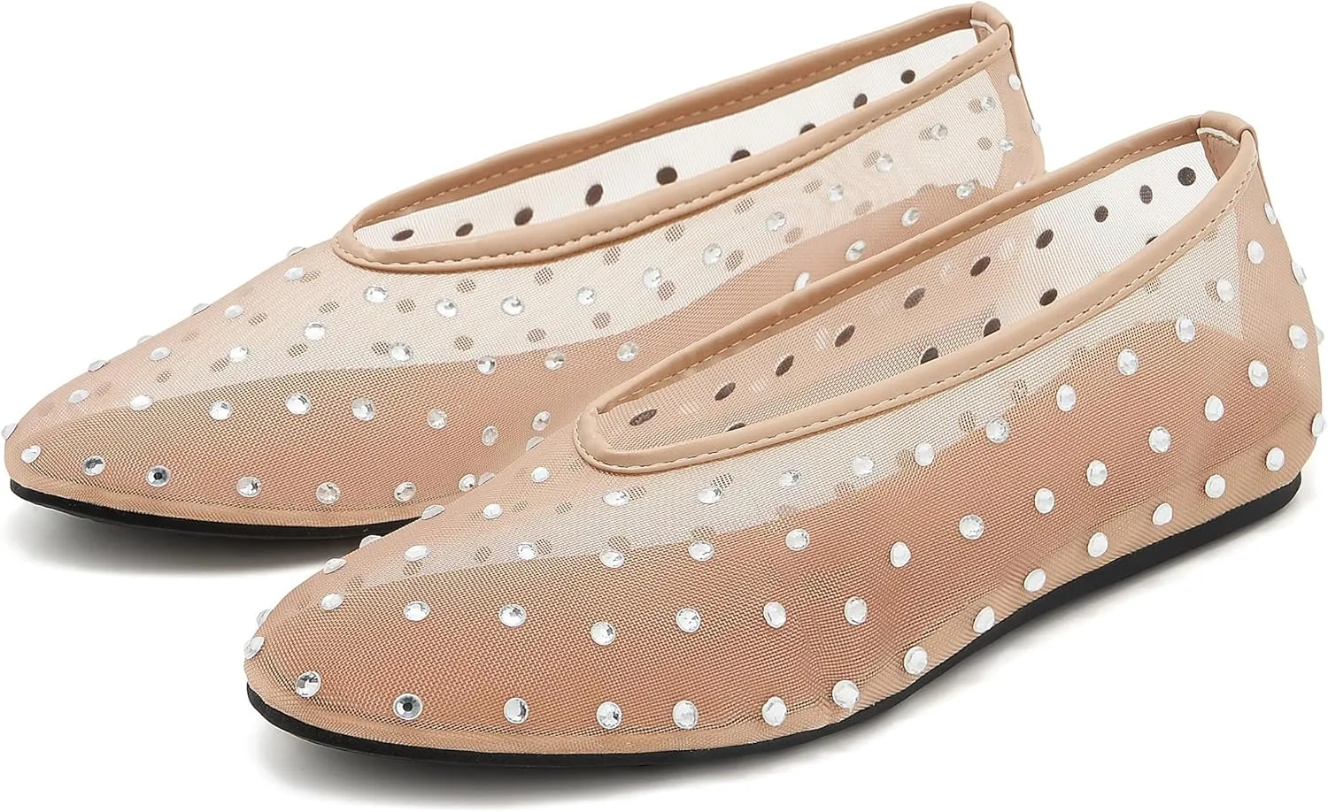 Rhinestone Ballet Flats for Women Crystal-Embellished Mesh Ballerina Shoes Comfortable Casual Dress Flat Shoe