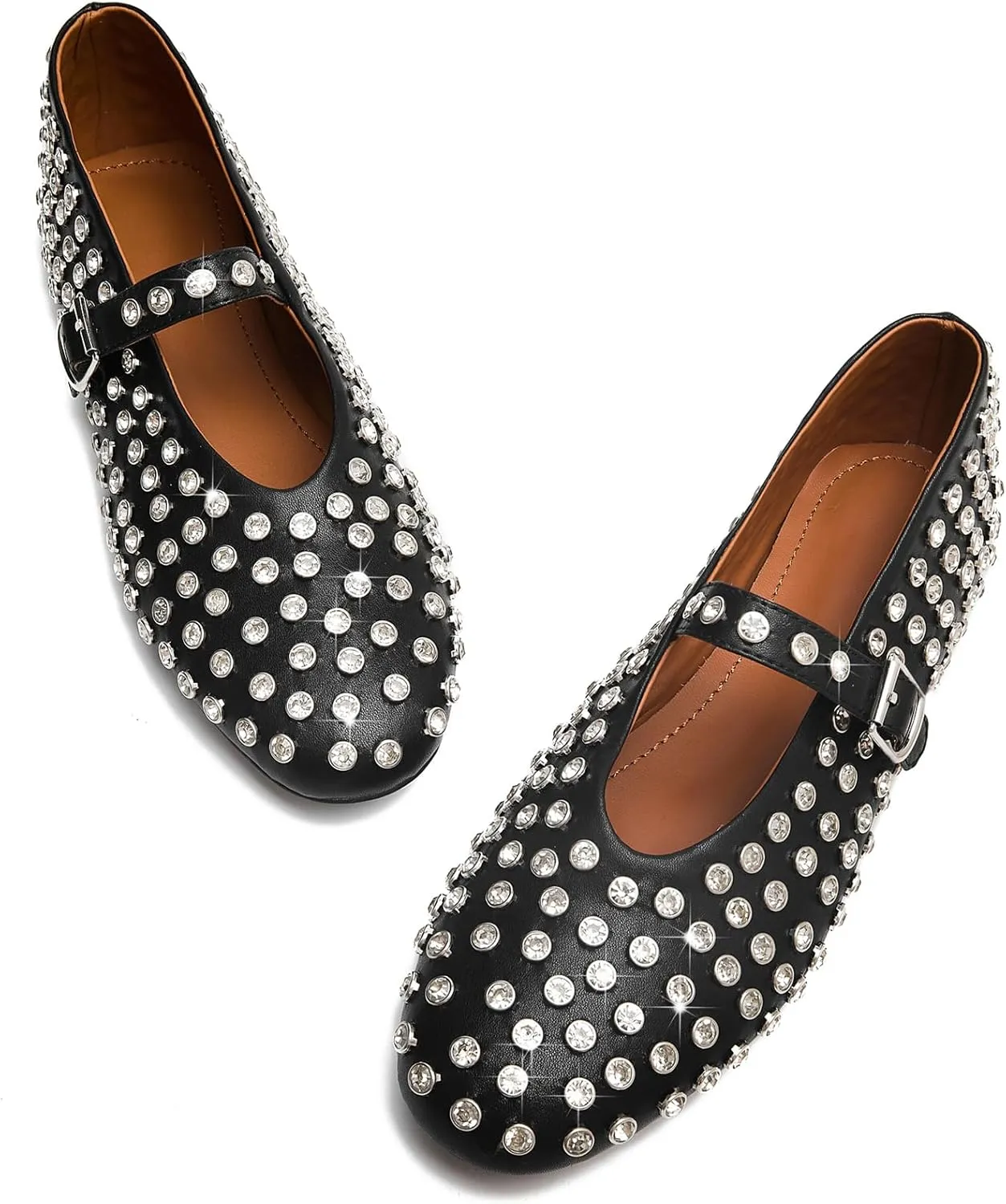 Rhinestone Ballet Flats for Women Sparkly Crystals Ballerina Shoes Women's Buckled Strap Mary Jane Flat Comfort Casual Low Heels