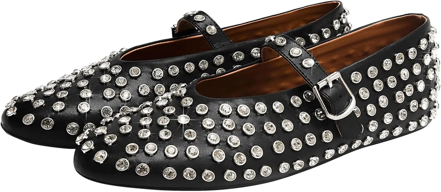 Rhinestone Ballet Flats for Women Sparkly Crystals Ballerina Shoes Women's Buckled Strap Mary Jane Flat Comfort Casual Low Heels