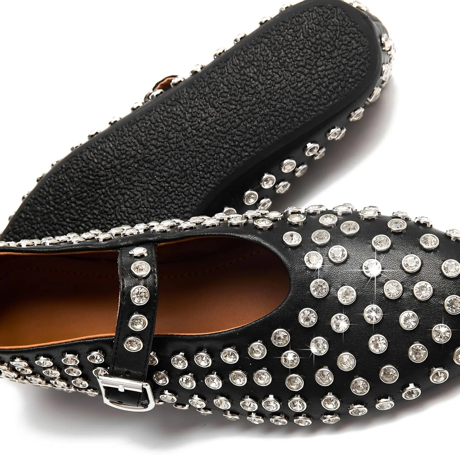 Rhinestone Ballet Flats for Women Sparkly Crystals Ballerina Shoes Women's Buckled Strap Mary Jane Flat Comfort Casual Low Heels