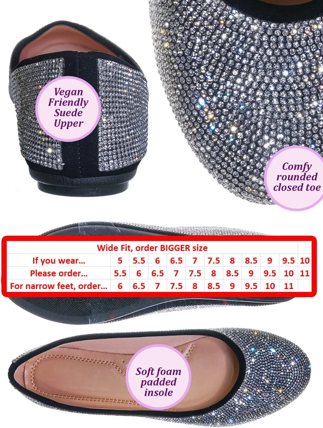 Rhinestone Crystal Embellished Ballet Flats - Round Toe Padded Shoes