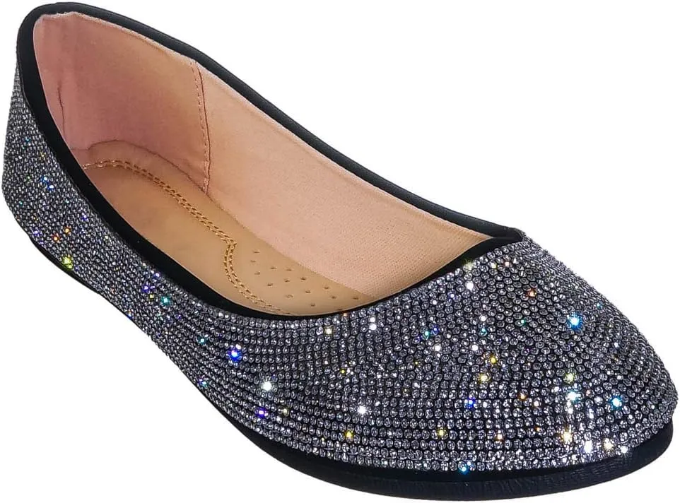 Rhinestone Crystal Embellished Ballet Flats - Round Toe Padded Shoes