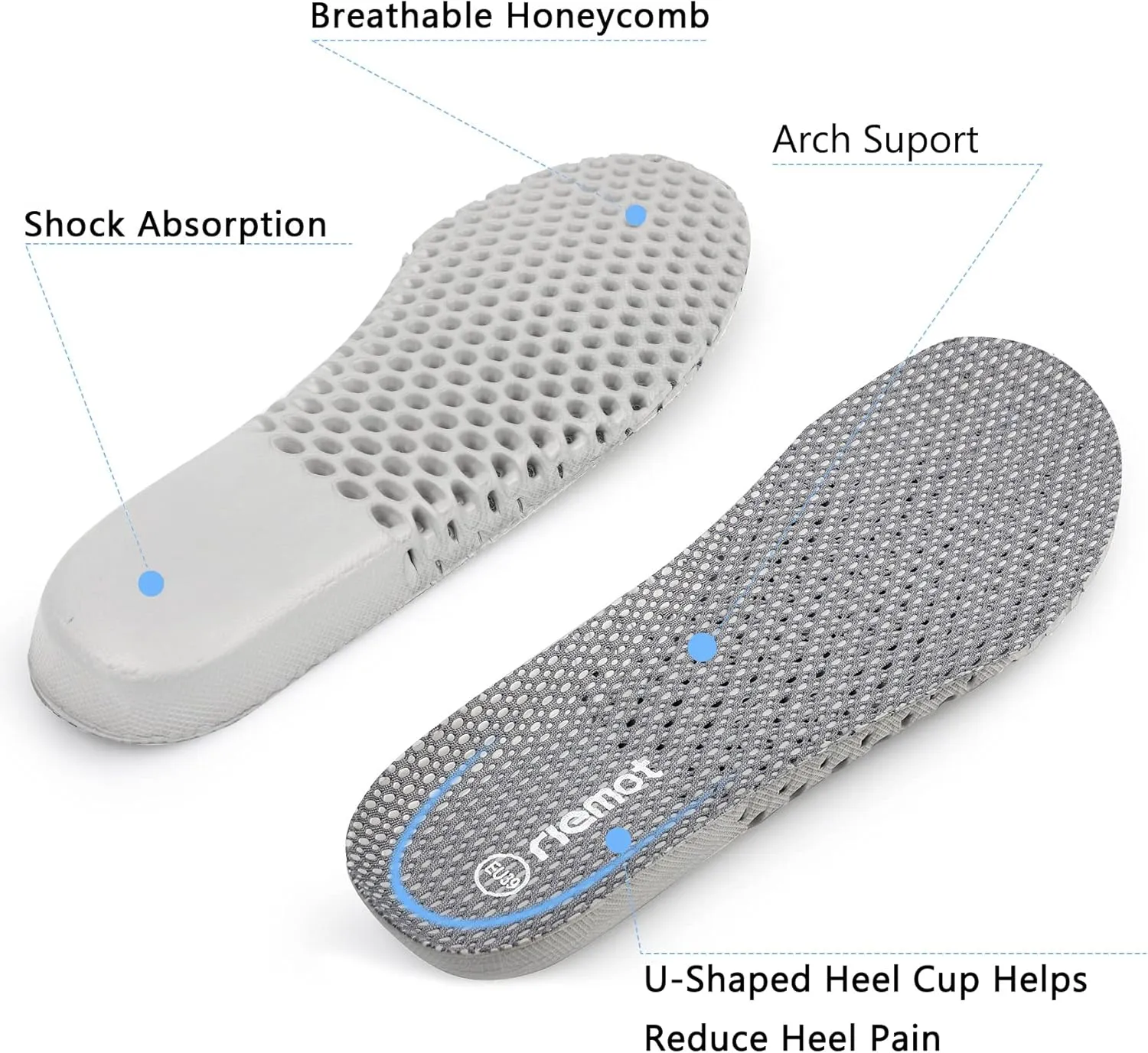 riemot 3 Pairs Shoe Insoles for Men Breathable Honeycomb Water Shoes Inserts Cushioning Shock Absorbing Insole Replacement Insoles for Work Shoes Grey US15/ EU48