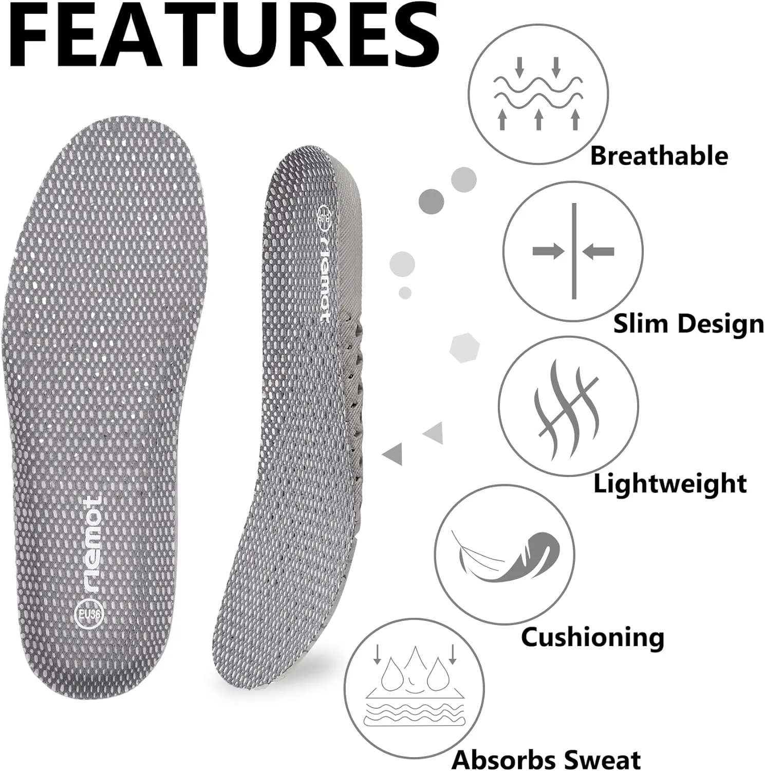 riemot 3 Pairs Shoe Insoles for Men Breathable Honeycomb Water Shoes Inserts Cushioning Shock Absorbing Insole Replacement Insoles for Work Shoes Grey US15/ EU48