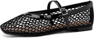 Rihero Mesh Ballet Flats for Women Comfortable Square Toe Ballerina Flats Buckle Strap Casual Fishnet Flat Shoes