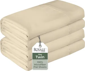Royale Linens 2 Pack Bulk Flat Sheet Set - Top Sheets - Soft 1800 Microfiber - Wrinkle & Stain Resistant - for Hotel, Massage Table, Hospital, Dorm - Twin Flat Sheet Sold Separately (Twin, Sand)